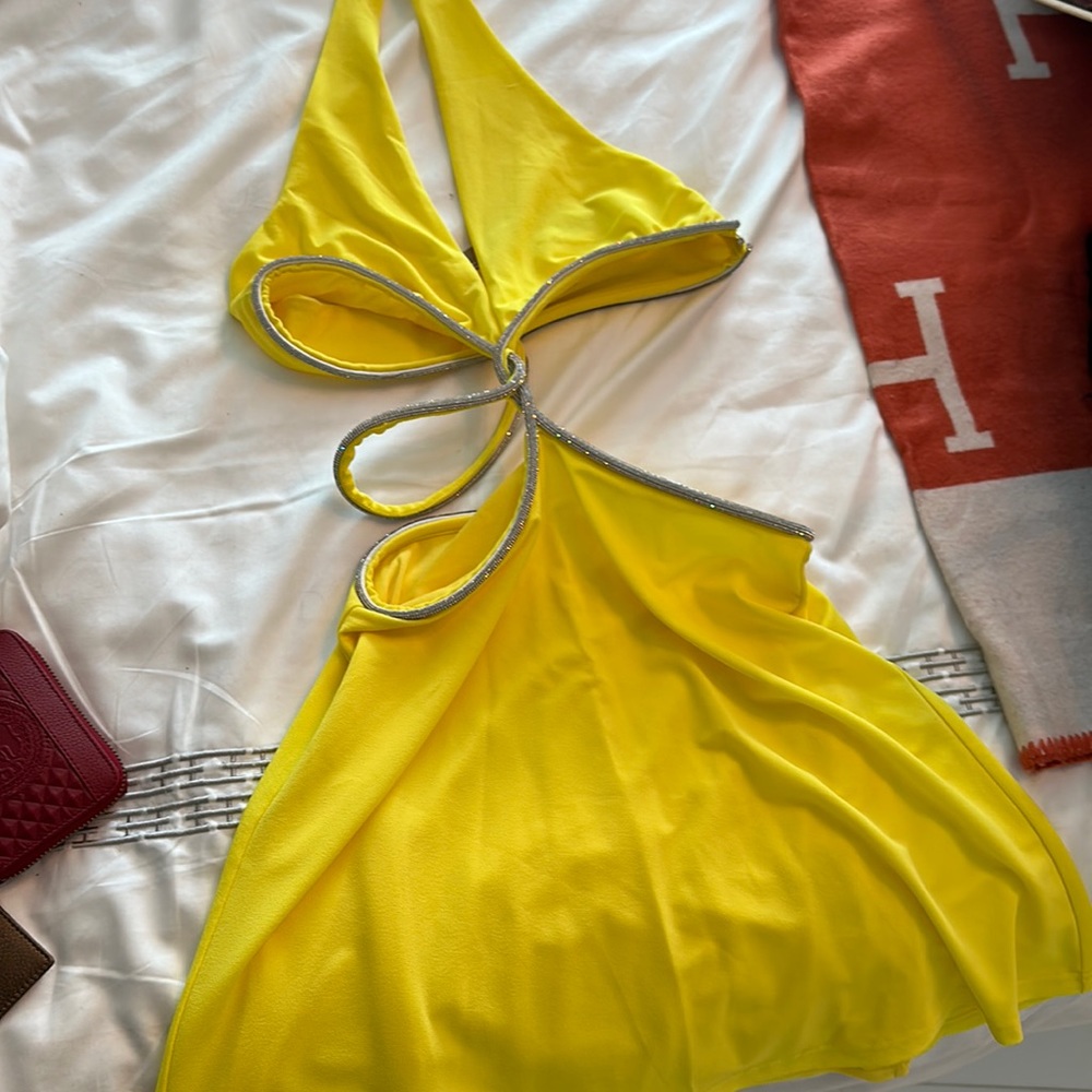Meshki Yellow Cutout Mini Dress with Rhinestone Trim